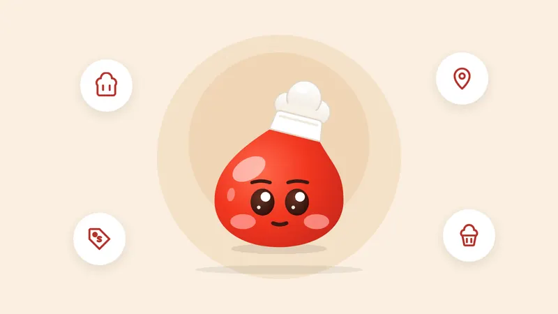 Calm Saucy surrounded by icons for baking, a location pin, costs and desserts