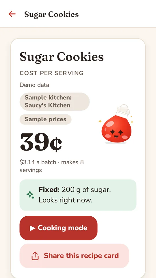 Saucebook app screen: Saucy asks “Whoa, 200 lb of sugar? Did you mean 200 g?” on a pasted recipe