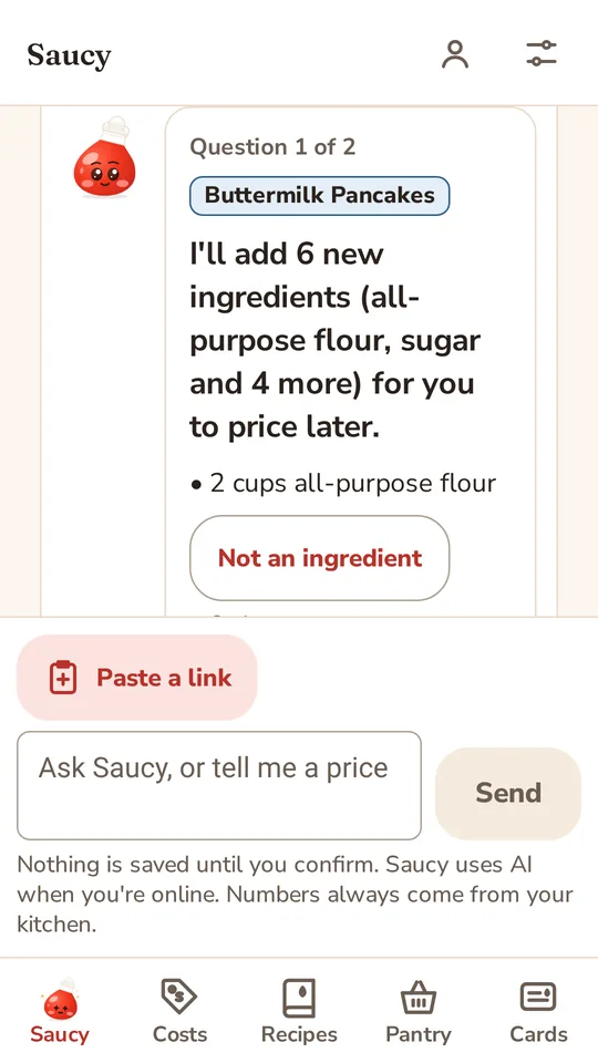 Saucebook app screen: a chat with Saucy about swapping buttermilk