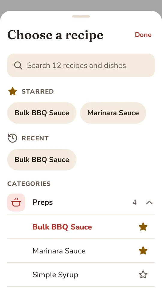 Saucebook app screen: the recipe box with search, Starred, Recent and Categories