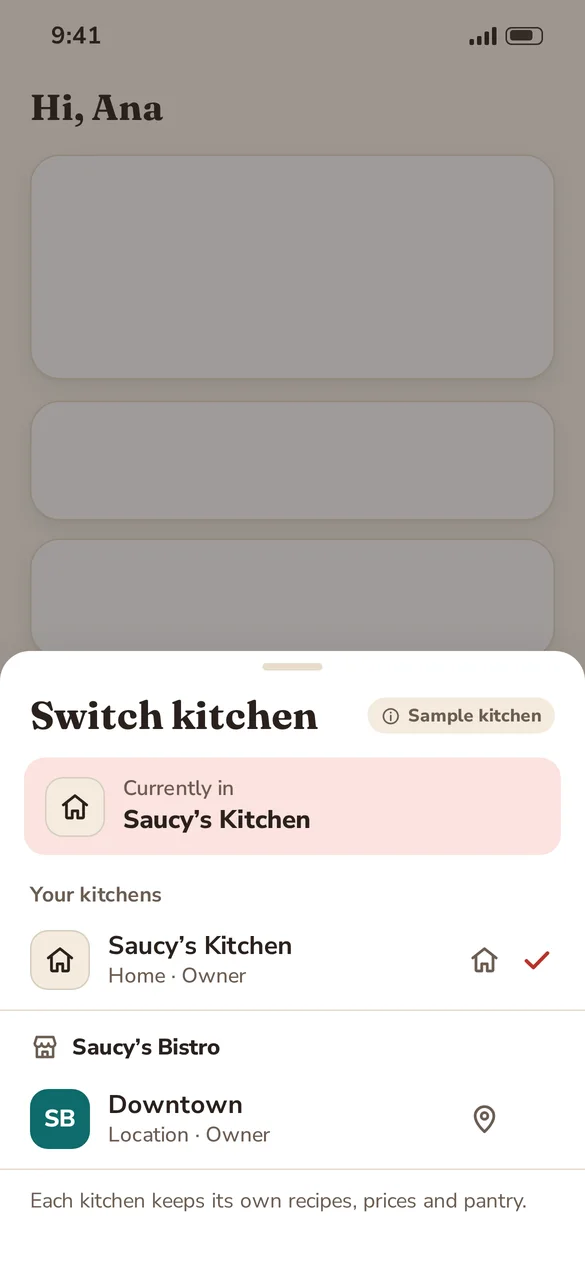 Saucebook app screen: Switch kitchen, moving between Saucy’s Kitchen at home and the Downtown location of Saucy’s Bistro, a sample business