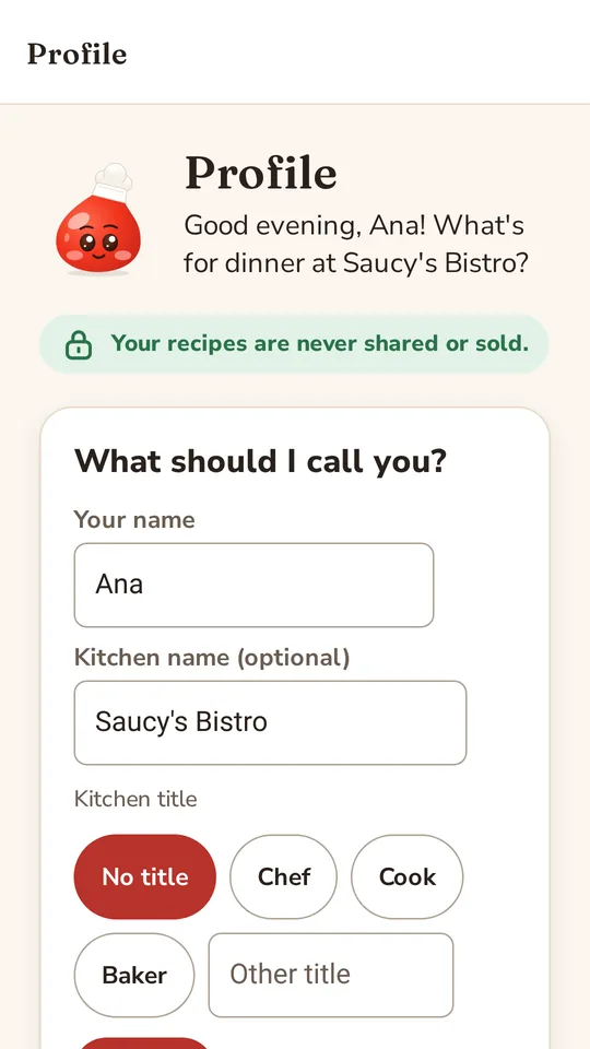 Saucebook app screen: Privacy and backup settings with “Your recipes are never shared or sold.”